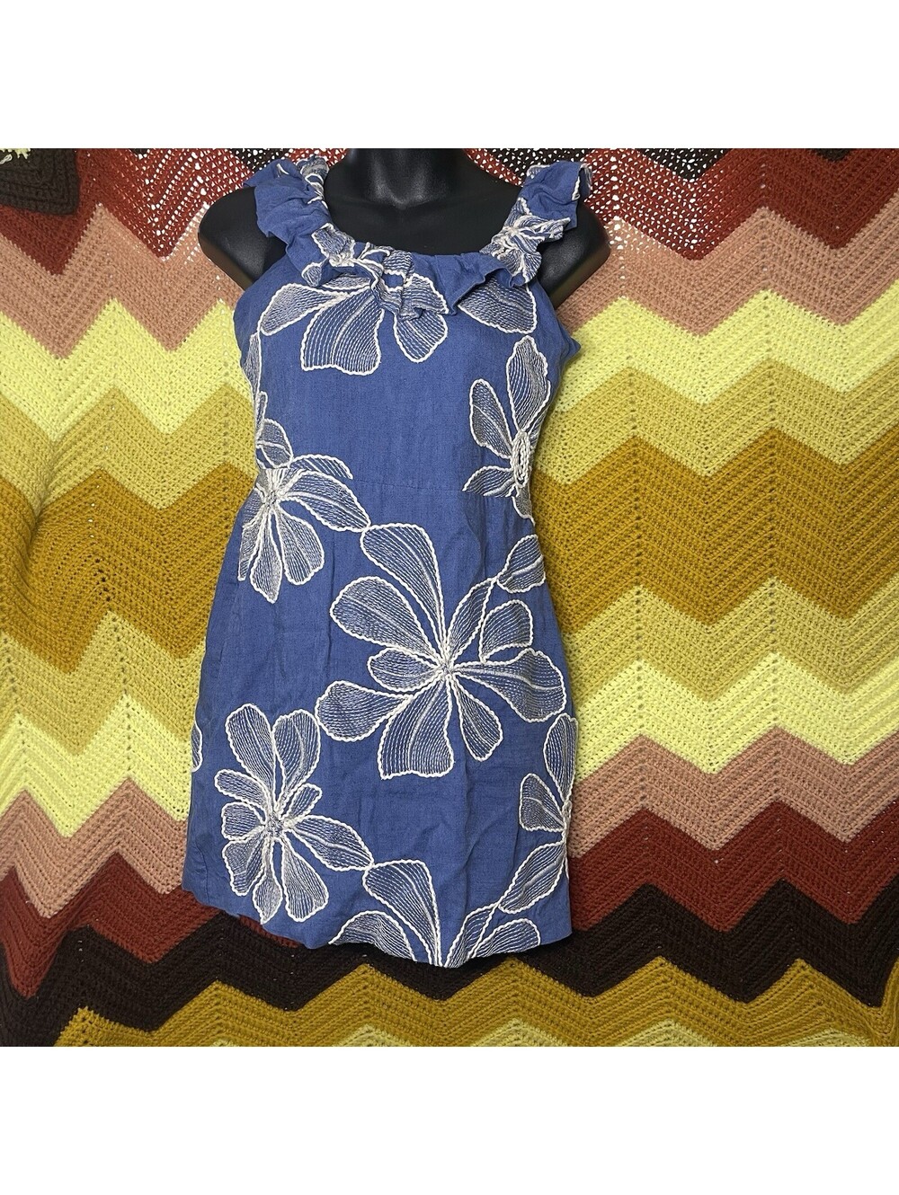 Loft Floral Embroidered Ruffle Neck Mini Dress Blue White Linen Blend Vacation